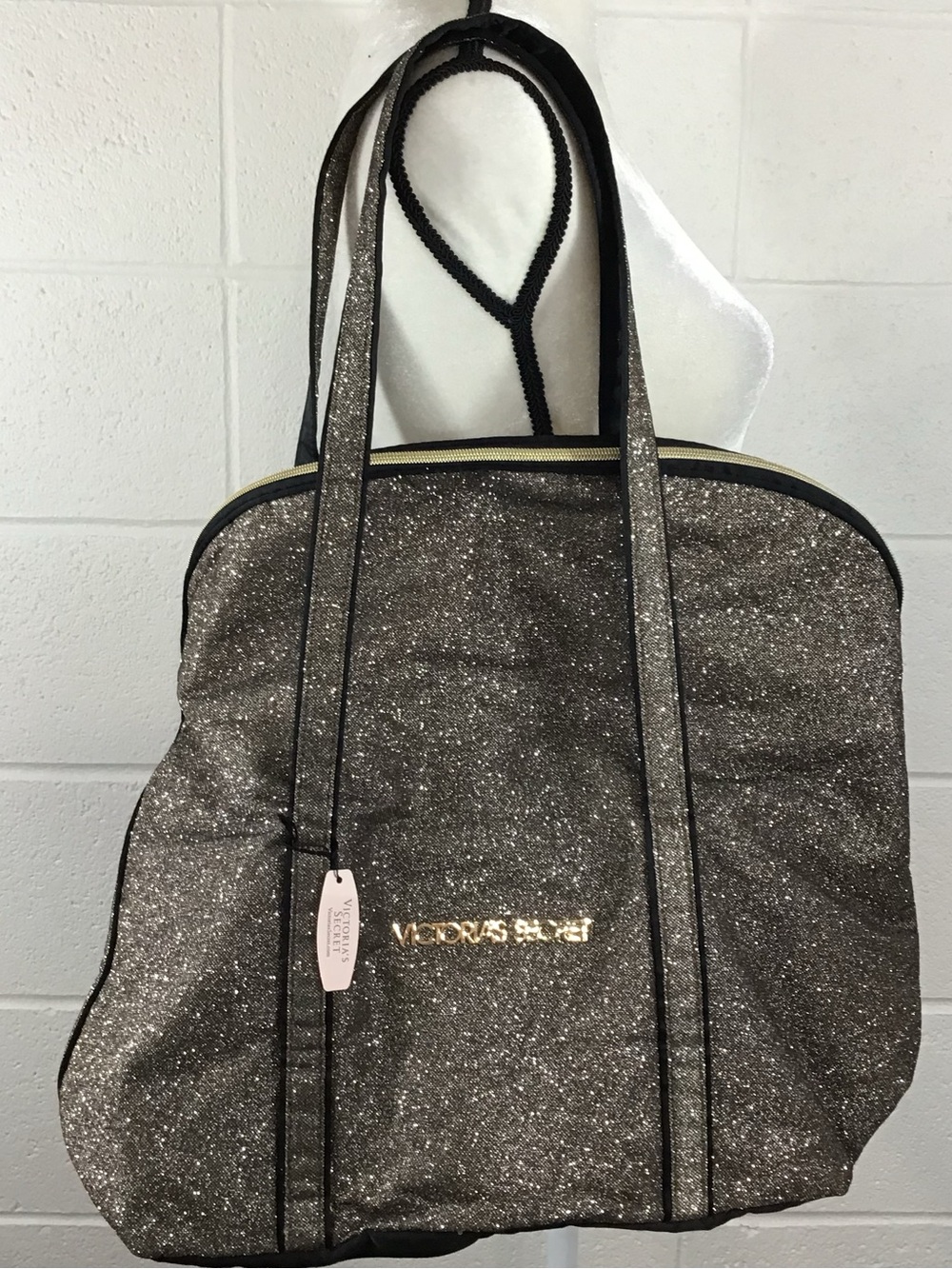Victoria's Secret Metallic Black Glitter Gold Logo Large Weekender Tote Bag NWT
